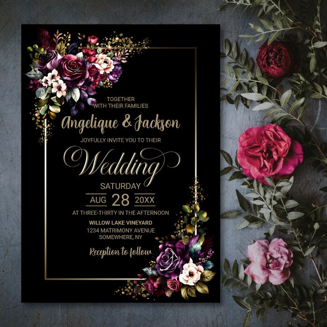 Elegant Purple Burgundy Black Floral Wedding Invitation (Creator Uploaded)