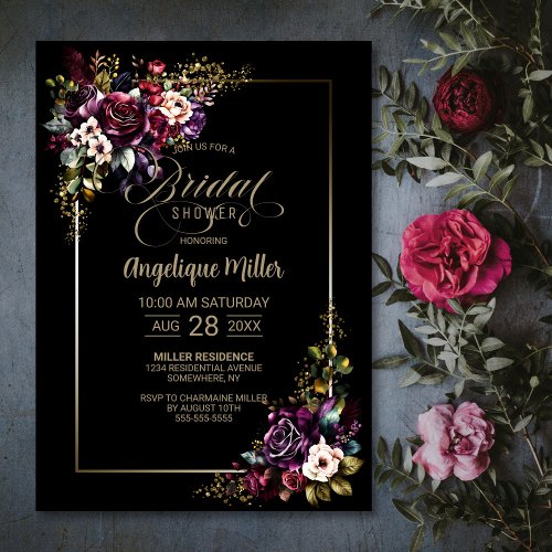 Elegant Purple Burgundy Floral Black Bridal Shower Invitation