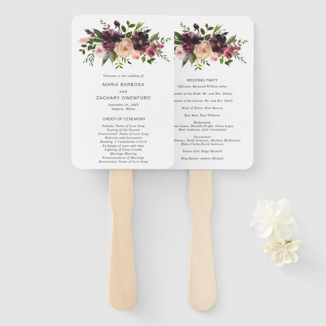 Elegant Purple Burgundy Floral Wedding Program Hand Fan (Front and Back)