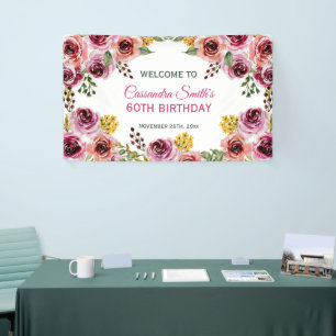 Elegant Purple Burgundy Rose Greenery Birthday Banner