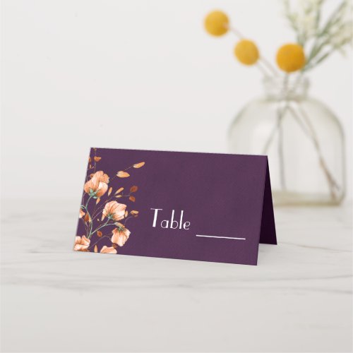 Elegant Purple Burnt Orange Floral Fall Wedding Place Card