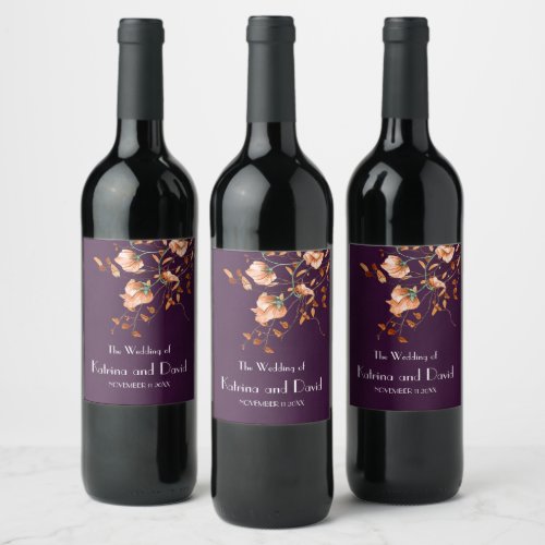 Elegant Purple Burnt Orange Floral Fall Wedding Wine Label