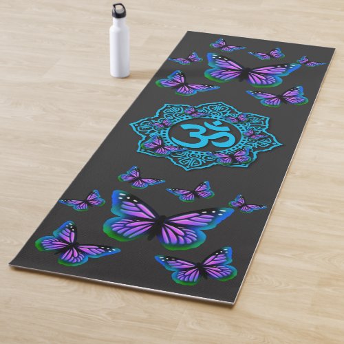 Elegant purple butterflies ohm symbol yoga mat