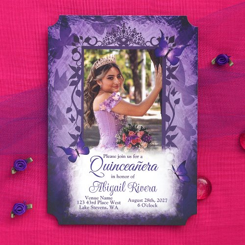 Elegant Purple Butterflies Quinceanera Princess Invitation