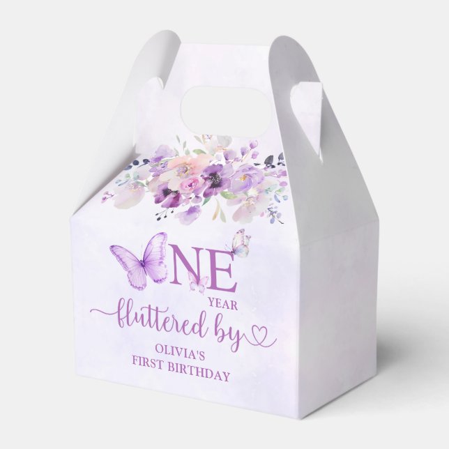 Elegant Purple Butterfly 1st Birthday Party Favor Boxes (Front Side)