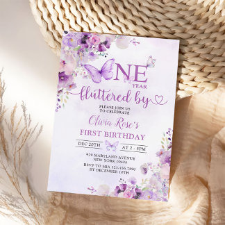Elegant Purple Butterfly 1st Birthday Party Invitation