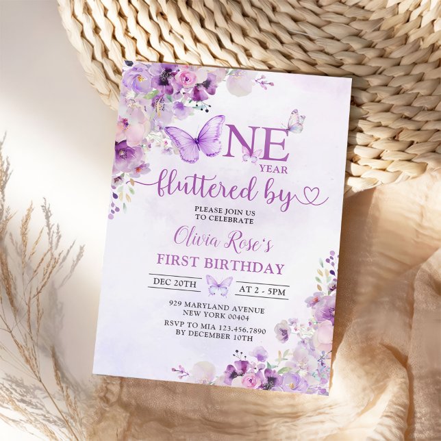 Elegant Purple Butterfly 1st Birthday Party Invitation (Creator Uploaded)