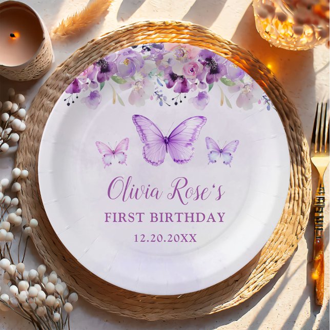 Elegant Purple Butterfly 1st Birthday Party Paper Plates (Creator Uploaded)