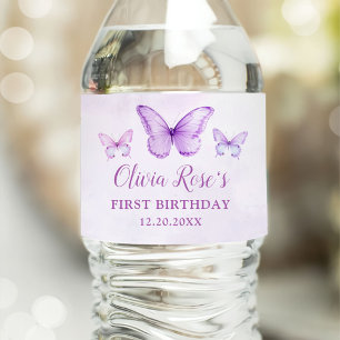 Elegant Purple Butterfly 1st Birthday Party Water Bottle Label