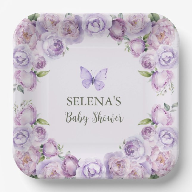 Elegant Purple Butterfly Baby Shower  Paper Plates (Front)