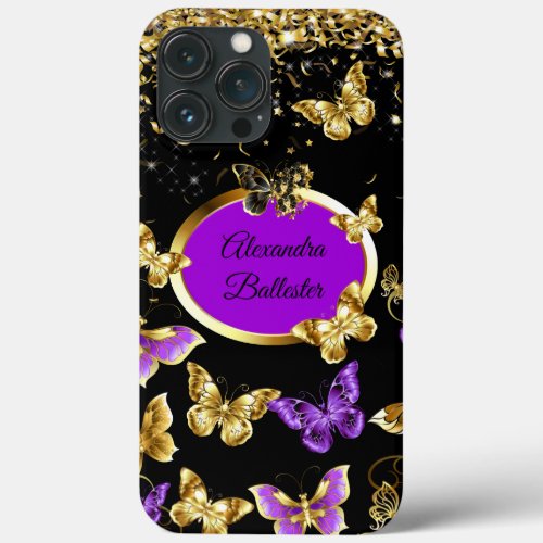 Elegant Purple Butterfly Gold Confetti Black  iPhone 13 Pro Max Case