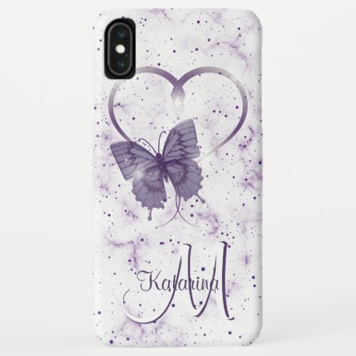 Elegant Purple Butterfly Heart  Marble Monogram iPhone XS Max Case