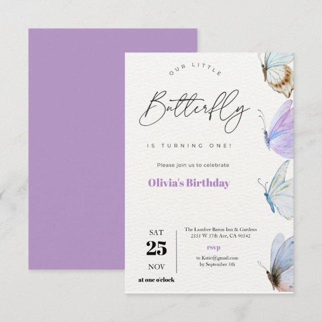 Elegant Purple Butterfly is Turning One Birthday Invitation (Front/Back)