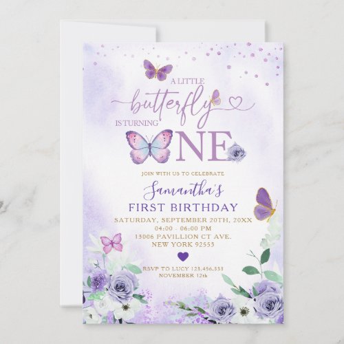 Elegant Purple Butterfly is Turning One Birthday Invitation
