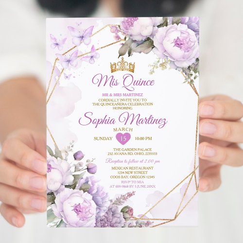 Elegant Purple Butterfly Lilac  Gold Quiceanera Invitation