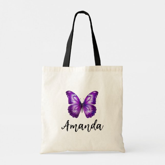 Elegant Purple Butterfly Name Girly Tote Bag (Back)