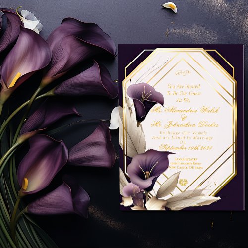Elegant Purple Calla Lilly Floral Script Wedding Foil Invitation