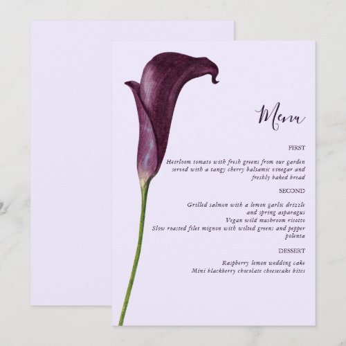 Elegant Purple Calla Lily Flower Wedding Menu