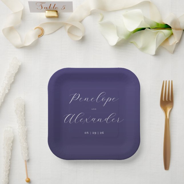 Elegant Purple Calligraphy Paper Plates (Wedding)
