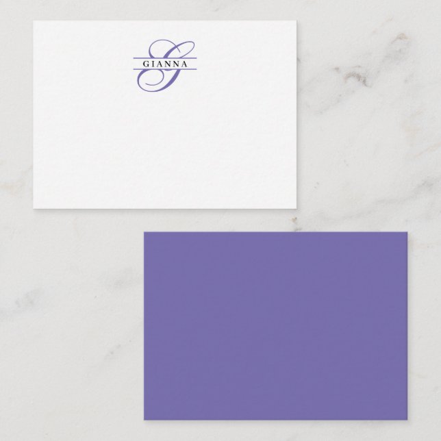 Elegant Purple Calligraphy Split Monogram Note Card (Front/Back)