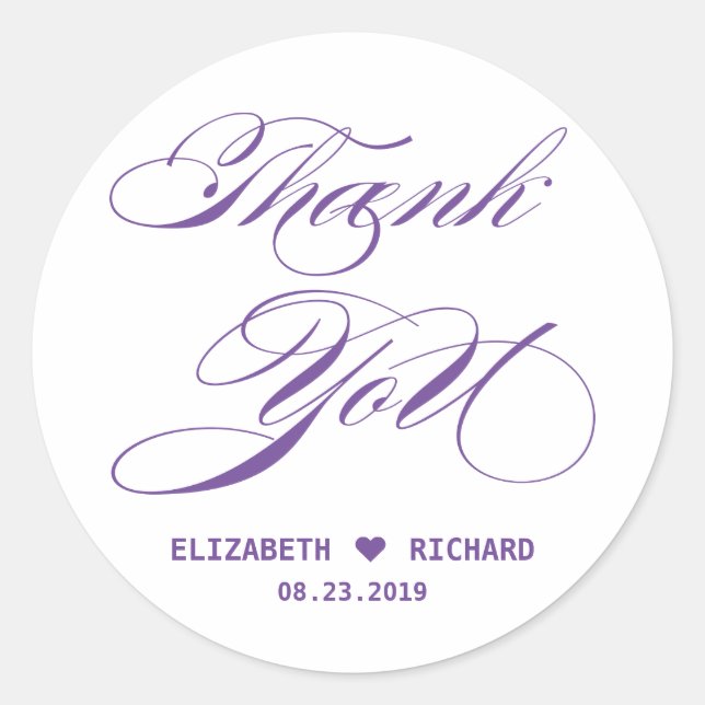 Elegant Purple Calligraphy Thank You Wedding Favor Classic Round Sticker (Front)
