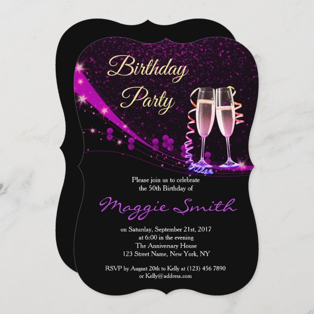 Elegant Purple Champagne Birthday Party Invite (Front/Back)