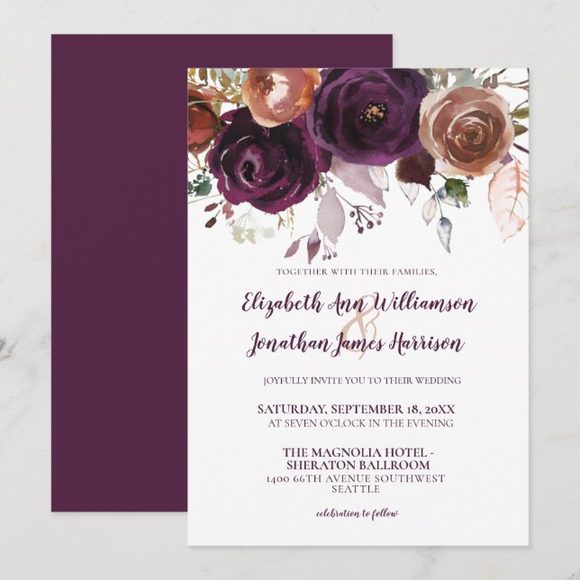 Elegant Purple Champagne Fall Floral Wedding Invitation (Front/Back)