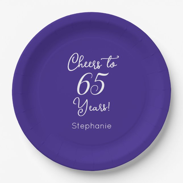 Elegant Purple Cheers to 65 Years 65th Birthday Paper Plates (Front)