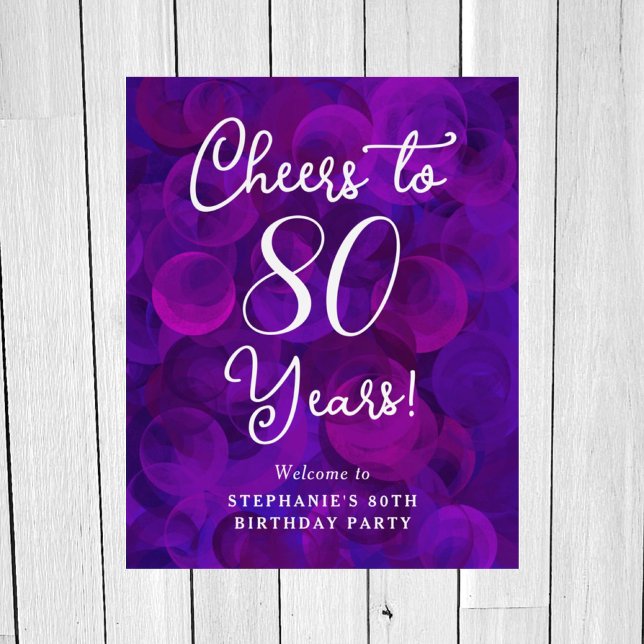 Elegant Purple Cheers to 80 Years Birthday Welcome Foam Board (Creator Uploaded)