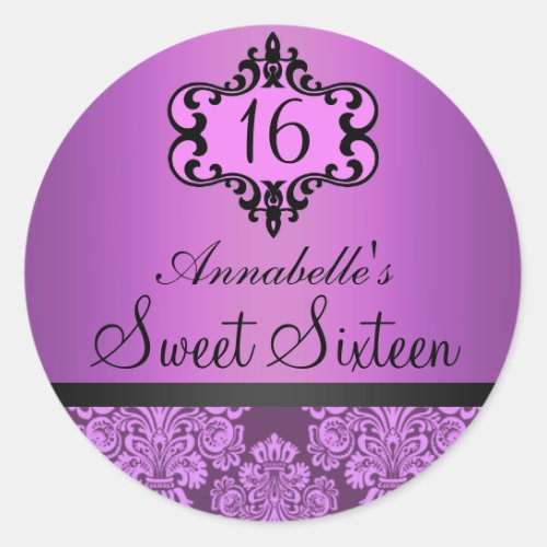 Elegant Purple Chic Damask Sweet 16 Sticker
