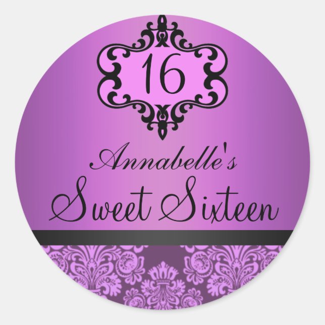 Elegant Purple Chic Damask Sweet 16 Sticker (Front)