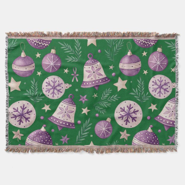 Elegant Purple Christmas Bells Throw Blanket (Front)