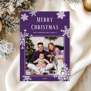 Elegant Purple Christmas Snowflakes Photo Holiday Card