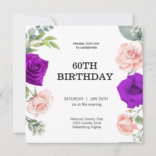 elegant purple color 60TH Birthday Invitation
