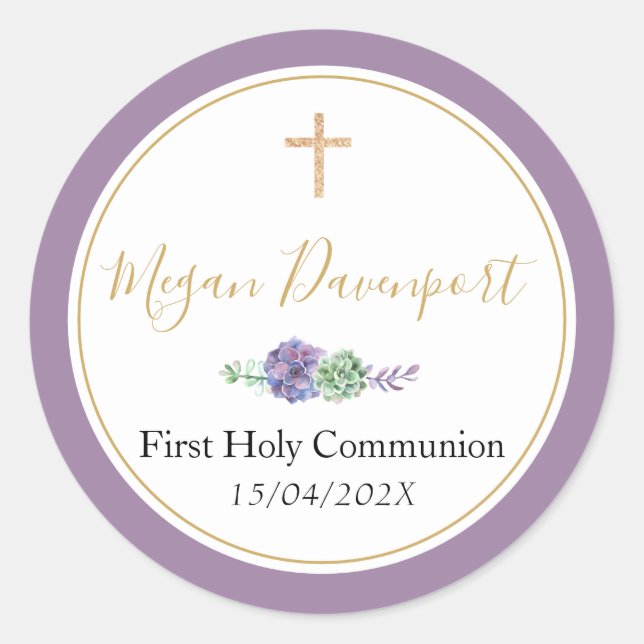 Elegant Purple Communion Favor Sticker (Front)