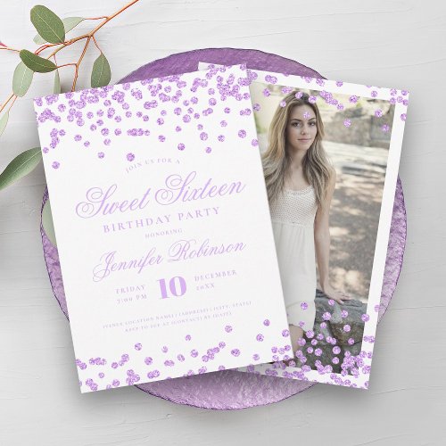 Elegant Purple Confetti Photo Sweet 16   Invitation