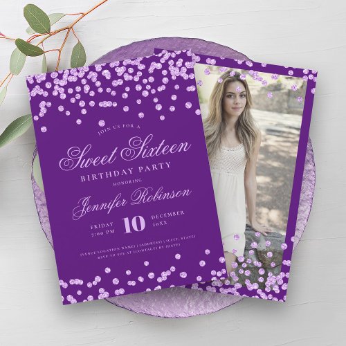 Elegant Purple Confetti Photo Sweet 16   Invitation