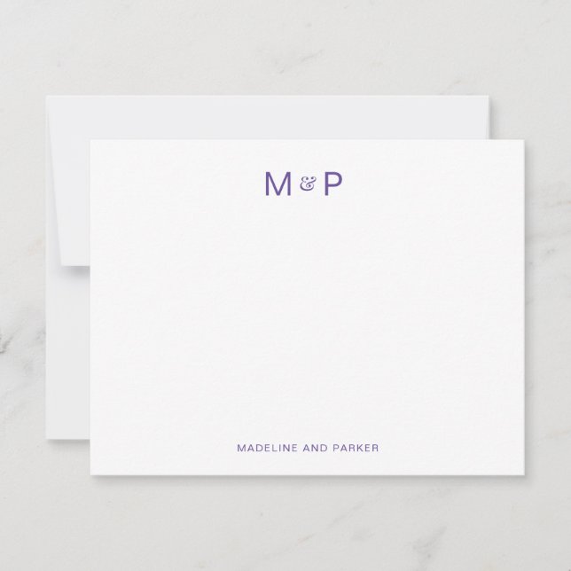 Elegant Purple Contemporary Couple Monogram Note Card (Front)