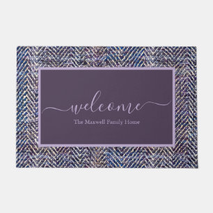 Elegant purple cream chevron script name doormat