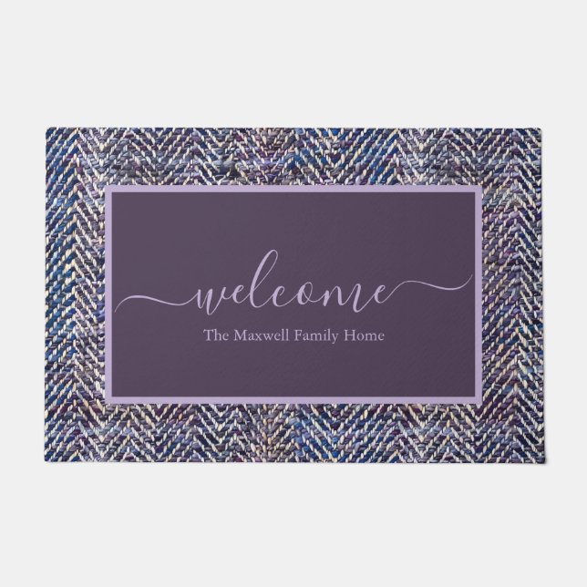 Elegant purple cream chevron script name doormat (Front)