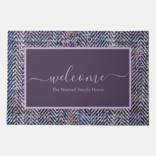 Elegant purple cream chevron script name doormat