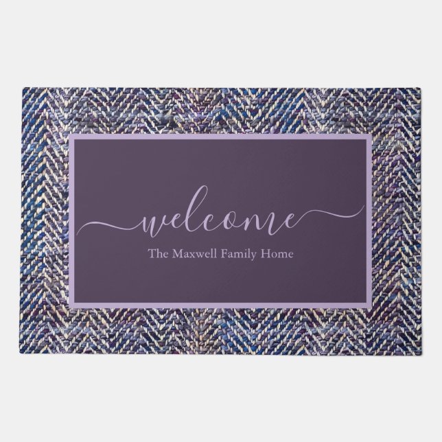 Elegant purple cream chevron script name doormat (Front)
