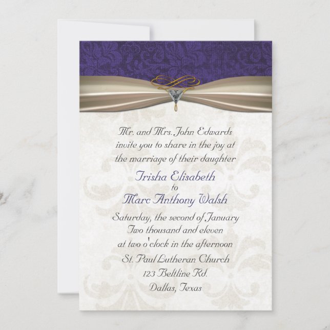 Elegant Purple & Cream Damask Wedding Invitation (Front)