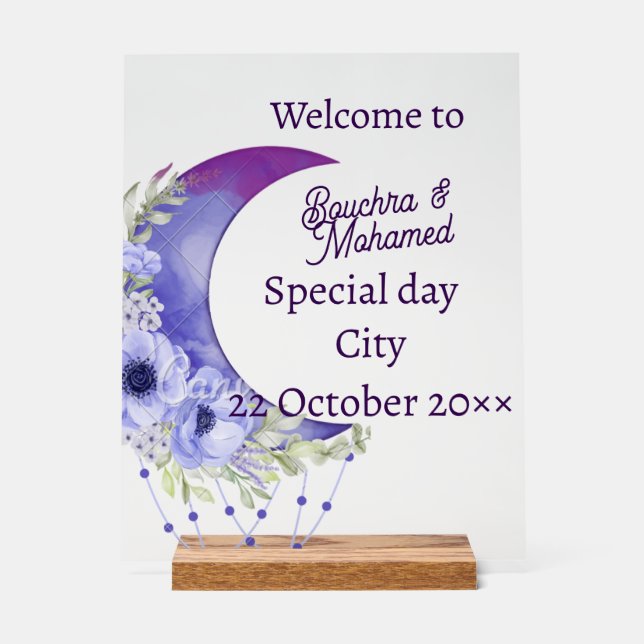 Elegant Purple Crescent Moon Wedding Welcome Sign  (Front)