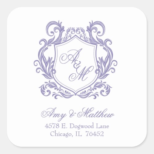 Elegant Purple Crest Wedding Return Address Square Sticker