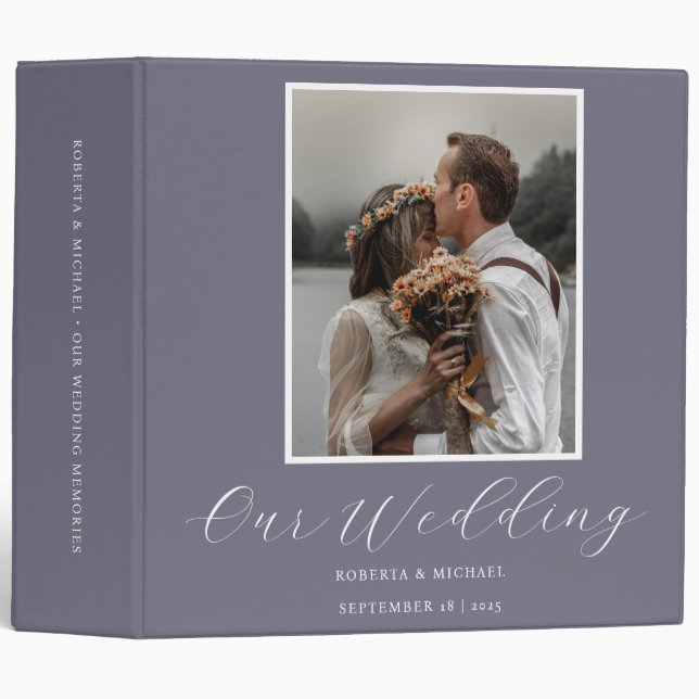 Elegant Purple Custom Photo Our Wedding Album 3 Ring Binder (Front/Spine)
