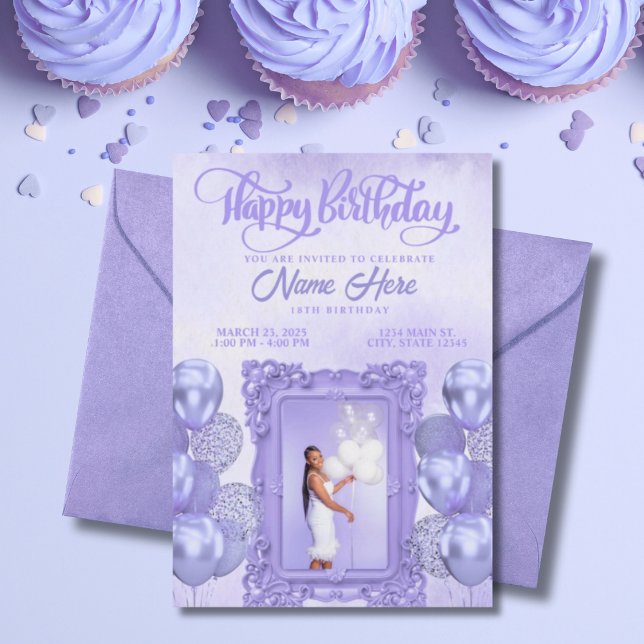 Elegant Purple Custom Photo Teen Birthday Invitation (Creator Uploaded)