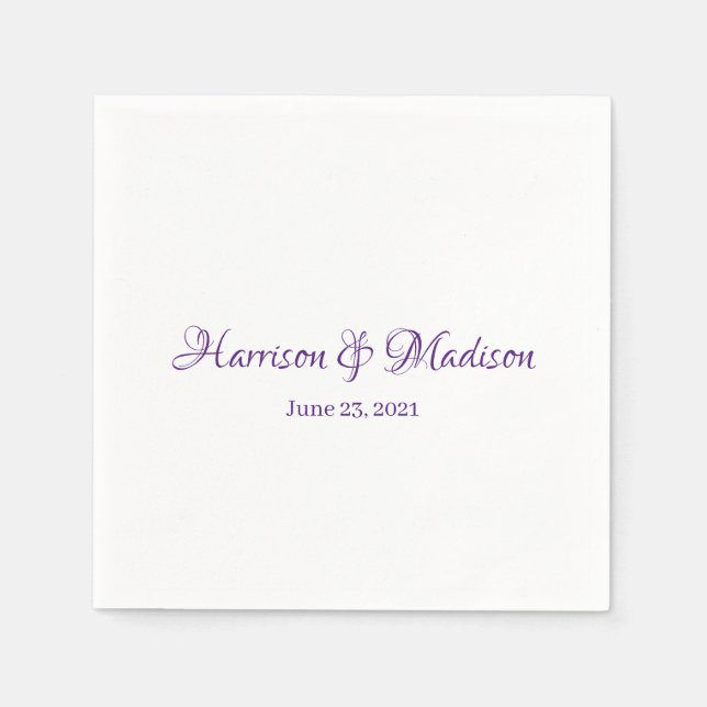 Elegant Purple Custom Script Names Date Wedding  Napkins (Front)