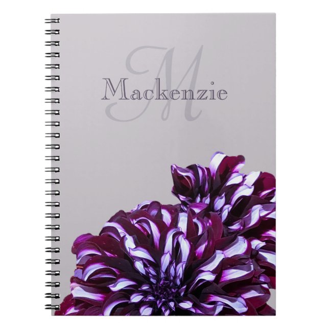 Elegant purple dahlia flowers monogram custom name notebook (Front)