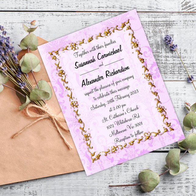 Elegant Purple Damask and Gold Wedding Postcard (Creator Uploaded)